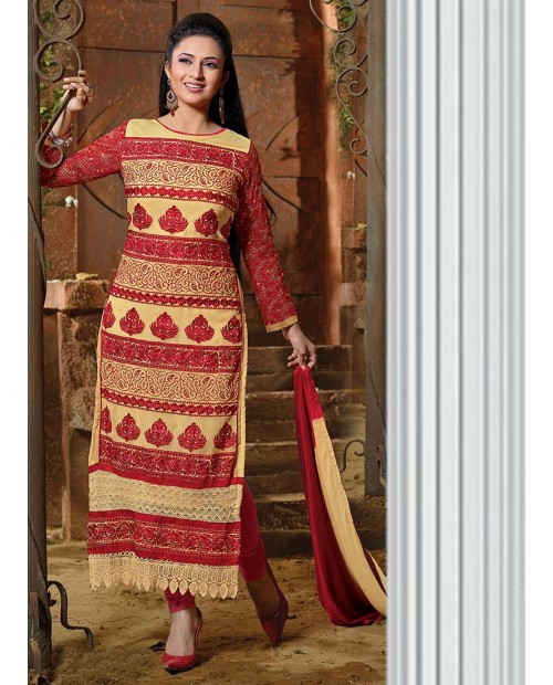 Divyanka Tripathi Red And Cream Embroidered Straight Salwar Suit